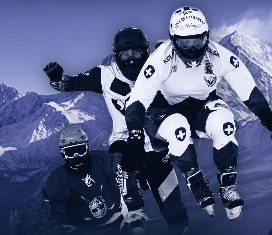 Three ice cross riders jumping in front of snowy Alpine peaks